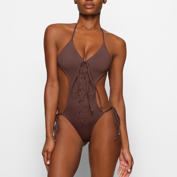 SKIMS Recycled Swim Lace-up Monokini Sz.XS (will fit small) Ochre Cocoa & Onyx - Picture 2 of 16